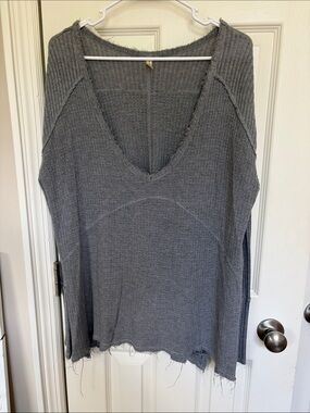 Free People Gray Washed Deep V-Neck Distressed Knit Sweater